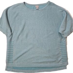 Chico's Sweater Womens 2 Green Metallic Short Sleeve Dolman Knit Pullover Top